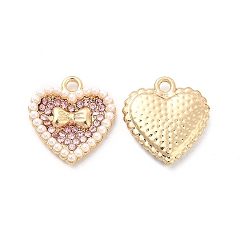 Alloy Rhinestone Pendants, with ABS Plastic Imitation Pearl Bead, Golden Tone Heart with Bowknot Charms, Light Rose, 17x16x3mm, Hole: 1.8mm