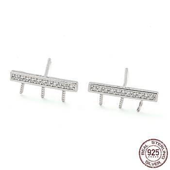 Rhodium Plated Rectangle 925 Sterling Silver Micro Pave Clear Cubic Zirconia Stud Earring Findings, for Half Drilled Beads, with S925 Stamp, Real Platinum Plated, 4.5x14mm, Pin: 11x0.7mm and 0.7mm