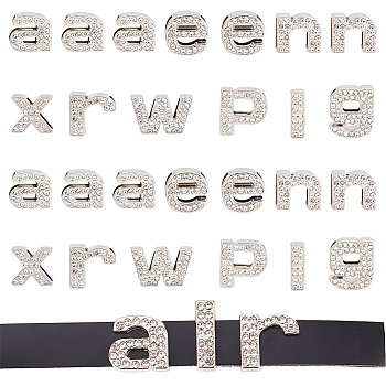Zinc Alloy Slide Charms, with Crystal Rhinestone, for Wristband, Bag & Clothing Labels, Letter a & e & g & i & n & p & r & w & x, Platinum, 12~16.5x4.5~14.5x6mm, hole: 9.5~10x3mm, 13pcs/set