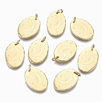 304 Stainless Steel Pendants, witih Jump Rings, Oval with Moon & Star, Real 14K Gold Plated, 17.5x12.5x2mm, Jump Ring: 5x0.8mm, 3.4mm inner diameter