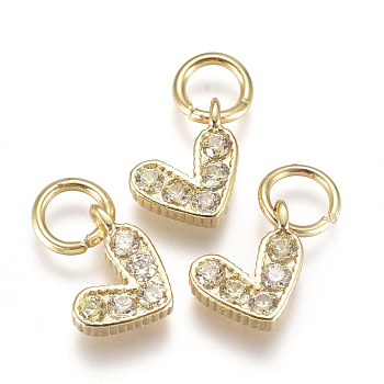 Brass Micro Pave Cubic Zirconia Charms, with Jump Ring, Long-Lasting Plated, Real 18K Gold Plated, Heart, Light Yellow, 6x8x2mm, Hole: 3mm