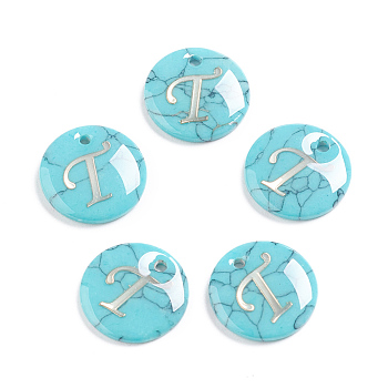 Synthetic Turquoise Charms, with Plastic Letter, Flat Round, Letter.T, 15x2mm, Hole: 1.5mm