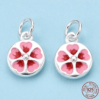 925 Sterling Silver Enamel Charms, with Jump Ring, Falt Round with Flower, Pink, 10x8x3mm, Hole: 3mm