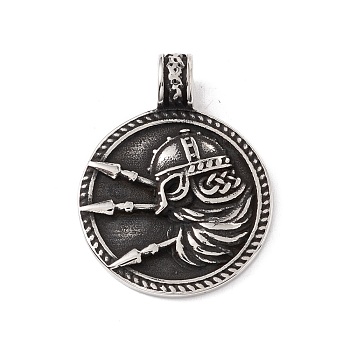 304 Stainless Steel Pendant, Flat Round with Viking, Antique Silver, 33x25.5x3mm, Hole: 4.8mm