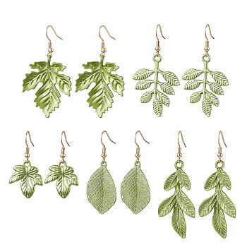 Painting Alloy Dangle Earrings, with 304 Stainless Steel Earring Hooks, Leaf, Yellow Green, 38.5~62.5x19~30mm