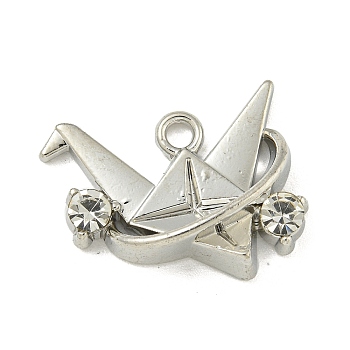 Alloy Rhinestone Pendants, Folded Paper Crane Charm, Platinum, 14x18x5mm, Hole: 1.8mm