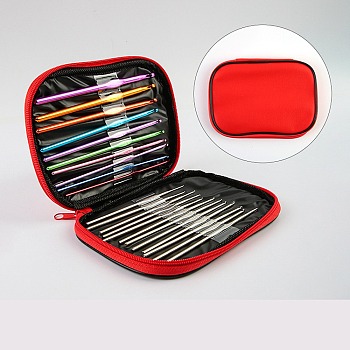 DIY Knitting Needles Sets, Inlcuding Stainless Steel & Aluminum Alloy Hook Needles, Red, 125~145x0.6~6.5mm, 22pcs/set