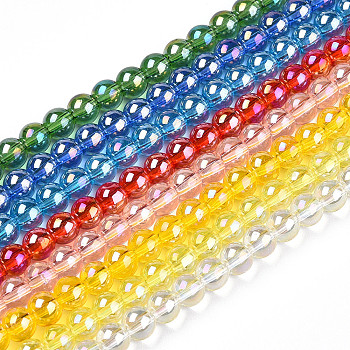 Electroplate Transparent Glass Beads Strands, AB Color Plated, Round, Mixed Color, 6~6.5mm, Hole: 1.4mm, about 67~70pcs/strand, 14.76 inch~15.16 inch(37.5~38.5cm)
