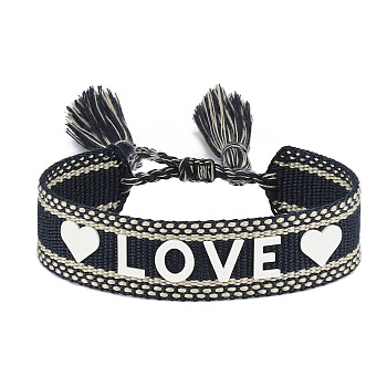 Silicone Word Love Pattern Braided Cord Bracelet with Polyester Tassels, Flat Adjustable Bracelet for Women, Black, Inner Diameter: 5-7/8~9-1/2 inch(15~24cm)