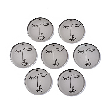 Transparent Acrylic Pendants, Flat Round with Woman, Gray, 40x3mm, Hole: 1.8mm