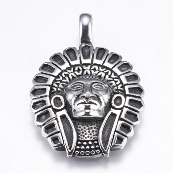 304 Stainless Steel Pendants, Native American Charm, Antique Silver, 44x30x7mm, Hole: 4x5mm