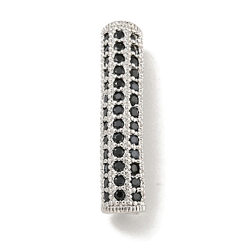 Brass Micro Pave Black Cubic Zirconia Beads, Bend Tube, Platinum, 27x6x5.5mm, Hole: 3.5x4mm