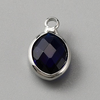 Faceted Glass Pendants, September Birthstone Charms, with Brass Cabochon Settings, Oval, Platinum, Steel Blue, 13x8x4mm, Hole: 1.6mm