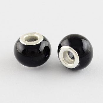 Spray Painted Glass European Beads, with Brass Silver Cores, Large Hole Beads, Rondelle, Black, 15x12mm, Hole: 5mm