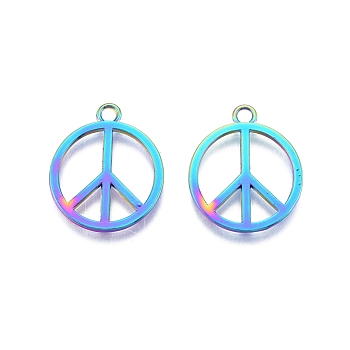 Rack Plating Alloy Pendants, Ring with Peace Sign, Rainbow Color, 25x21x1.5mm, Hole: 2.3mm