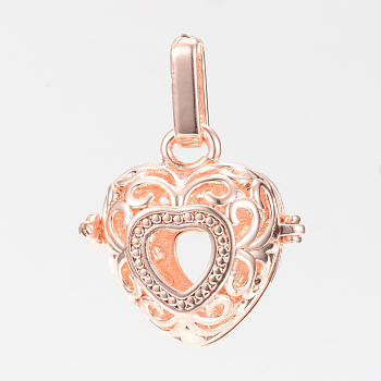 Rack Plating Brass Cage Pendants, For Chime Ball Pendant Necklaces Making, Hollow, Heart, Rose Gold, 20.5x21x15mm, Hole: 3.5x8.5mm, inner measure: 13.5x14.5mm