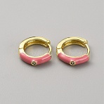 Enamel Hoop Earrings with Clear Cubic Zirconia, Light Gold Brass Jewelry for Women, Hot Pink, 12.5x13.5x3mm, Pin: 1mm(EJEW-WH0004-39C)