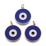 Brass Enamel Pendants, with Jump Rings, Long-Lasting Plated, Flat Round with Midnight Blue Evil Eye, Mixed Color, 22.5x20x2~2.5mm, Hole: 3mm(KK-F821-48B)