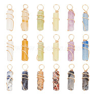 18Pcs 9 Styles Natural Mixed Gemstone Pendants, Column Charms with Light Gold Tone Eco-Friendly Copper Wire Wrapped, 20~21x5~5.5mm, Hole: 2.3~2.8mm, 2pcs/style(FIND-AR0004-23)
