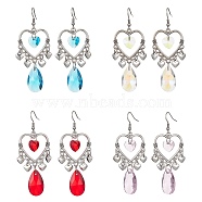 Tibetan Style Alloy Heart Chandelier Earrings, Glass Teardrop Long Drop Earrings, Mixed Color, 70x27mm(EJEW-JE05426)