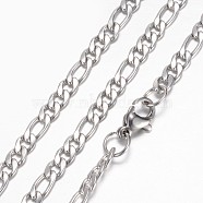 304 Stainless Steel Figaro Chain Necklaces, with Lobster Claw Clasps, Stainless Steel Color, 19.68~19.88 inch(50~50.5cm), 4mm, 4mm(STAS-P101-71P)
