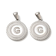 304 Stainless Steel Pendants, Flat Round Shell Charms with Letter, Stainless Steel Color, Letter G, 20.5x17.5x1.5mm, Hole: 2.5x4.5mm(STAS-I204-G-P)
