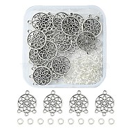 20Pcs Tibetan Style Alloy Chandelier Component Links, Flat Round with Flower, 100Pcs Brass Jump Rings, Antique Silver, Link: 18.5x13.5x1mm, Hole: 1.4mm, Jump Rings: 4x0.8mm(FIND-YW0003-40)