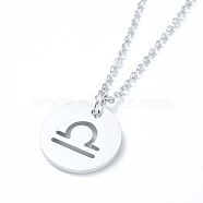304 Stainless Steel Pendant Necklaces, with Cable Chains and Lobster Claw Clasps, Flat Round with Twelve Constellations, Stainless Steel Color, Libra, 17.7 inch(45cm), 2mm(NJEW-E147-11P)