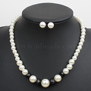 Alloy with ABS Plastic Pearl Round Beaded Necklaces & Stud Earrings Sets for Women, Golden, 455mm(WG13E8D-07)