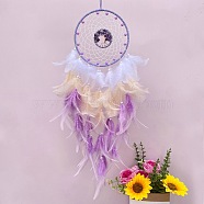 Woven Net/Web with Feather Pendant Decoration, with Iron Finding, Hanging Decorations, Orchid, 700mm(PW-WGD01AE-02)