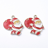 Golden Plated Alloy Enamel Pendants, for Christmas, Running Santa Claus with Bag , White, 23x23x2mm, Hole: 2mm(ENAM-D040-C01-G)