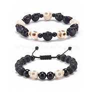 2Pcs 2 Style Natural Lava Rock & Mixed Gemstone Skull Braided Bead Bracelets Set, Halloween Adjustable Bracelets for Women, Inner Diameter: 2-1/8~3-1/4 inch(5.5~8.3cm), 1Pc/style(BJEW-JB08381)
