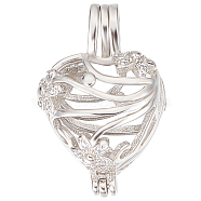 1Pc Rhodium Plated 925 Sterling Silver Empty Bead Cage Pendants, with Clear Cubic Zirconia, Heart, 21x15x10mm, Hole: 4.5x2.5mm, Inner Diameter: 10.5x13mm(STER-BBC0005-70A)