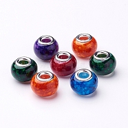 Spray Painted Glass European Beads, with Silver Color Plated Brass Core, Large Hole Beads, Rondelle, Mixed Color, 14~15x11mm, Hole: 4.5~5mm(X-GPDL-R007-M1)