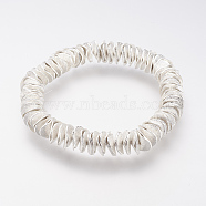 Brass Textured Beads Stretch Bracelets, Washer Bracelet, Silver Color Plated, 60mm(X-BJEW-D316-01)