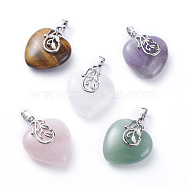 Natural Mixed Stone Pendants, with Platinum Tone Brass Ice Pick Pinch Bails, Heart, 31~32x25~26x11~12mm, Hole: 7x5mm(G-G807-C)