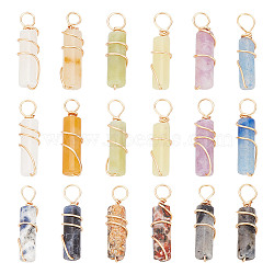 18Pcs 9 Styles Natural Mixed Gemstone Pendants, Column Charms with Light Gold Tone Eco-Friendly Copper Wire Wrapped, 20~21x5~5.5mm, Hole: 2.3~2.8mm, 2pcs/style(FIND-AR0004-23)