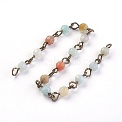 Handmade Natural Flower Amazonite Beads Chains, Unwelded, with Brass Eye Pin, Round, Faceted, Antique Bronze, 12~12.5x4~4.5mm, about 39.37 inch(1m)/strand(AJEW-JB00455-04)