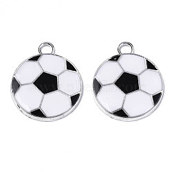 Eco-Friendly Alloy Enamel Hollow Pendants, Flat Round with Football Pattern, Platinum, White, 24x20x2.5mm, Hole: 3mm(PALLOY-R122-09)