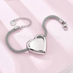 304 Stainless Steel Heart Links Bracelets, Mesh Chain Jewelry for Women, Stainless Steel Color, 7-1/2 inch(19cm)(BJEW-C089-12P)