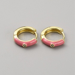 Enamel Hoop Earrings with Clear Cubic Zirconia, Light Gold Brass Jewelry for Women, Hot Pink, 12.5x13.5x3mm, Pin: 1mm(EJEW-WH0004-39C)