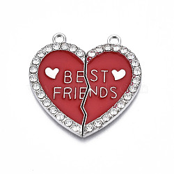 Alloy Enamel Split Pendant, with Rhinestone, Cadmium Free & Nickel Free & Lead Free, Platinum, Broken Heart with Word Best Friend, Dark Red, 31x30.5x2mm, Hole: 2mm(ENAM-S130-25D)