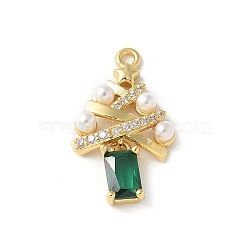 Brass Micro Pave Cubic Zirconia Pendants, Christmas Tree Charms, with ABS Plastic Pearl & Glass, Lasting Plated, Cadmium Free & Lead Free, Real 18K Gold Plated, 20.5x12.5x3.5mm, Hole: 1.4mm(KK-P290-49G)