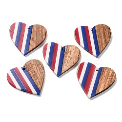 Independence Day Opaque Striped Resin & Walnut Wood Pendants, Geometric Charms, Heart, 37.8x39x3.5mm, Hole: 2mm(RESI-U010-02T)