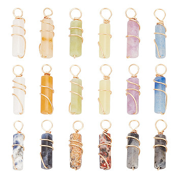 18Pcs 9 Styles Natural Mixed Gemstone Pendants, Column Charms with Light Gold Tone Eco-Friendly Copper Wire Wrapped, 20~21x5~5.5mm, Hole: 2.3~2.8mm, 2pcs/style