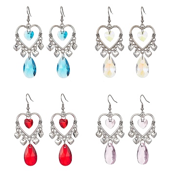 Tibetan Style Alloy Heart Chandelier Earrings, Glass Teardrop Long Drop Earrings, Mixed Color, 70x27mm