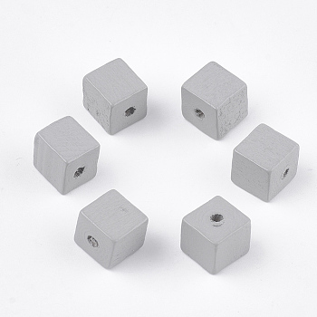 Painted Natural Wood Beads, Cube, Light Grey, 10x10x10mm, Hole: 2mm