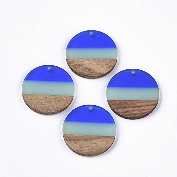 Two Tone Transparent Resin & Walnut Wood Pendants, Flat Round, Blue, 28x3.5mm, Hole: 2mm