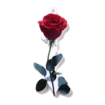 Printed Opaque Acrylic Pendants, Animal Theme, Rose, Flower, 39.5x15.5x2mm, Hole: 1.5mm