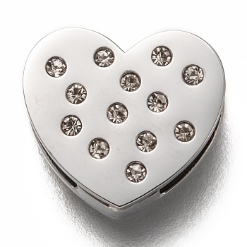 304 Stainless Steel Slide Charms, with Rhinestone, Heart, Crystal, Stainless Steel Color, 12x13x3.5mm, Hole: 8x1.5mm
